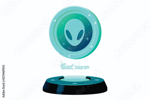 A futuristic, glowing alien coin with intricate digital currency branding, radiating ethereal light.  High detail, 8k resolution.