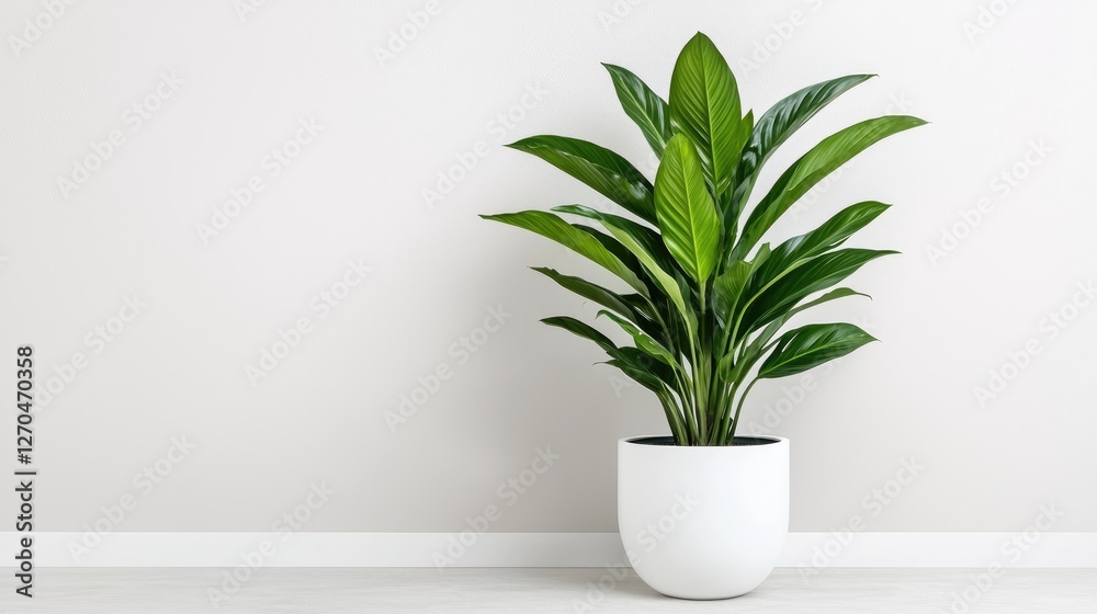 Fototapeta premium Green peace lily houseplant in a white ceramic pot standing against a minimalist grey wall in a bright room.