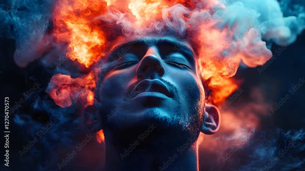 A man with smoke coming out of his head and eyes closed, portrait photography, colorful explosion in the background, dark blue background A man with smoke coming out of his head and eyes closed, portrait photography, colorful explosion in the background, dark blue background