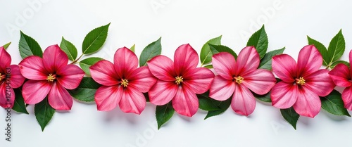 Wallpaper Mural Vibrant Pink Flowers Against White Background: Stunning Easter Floral Design. A row of pink flowers with green leaves on a white background. Torontodigital.ca