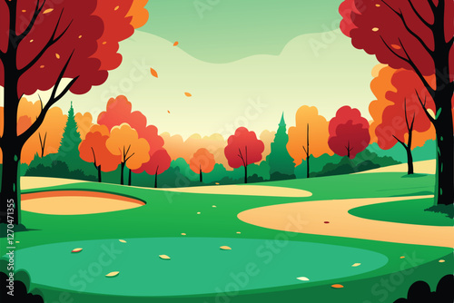 A picturesque autumnal golf course scene; vibrant foliage, colorful falling leaves, and a manicured green.