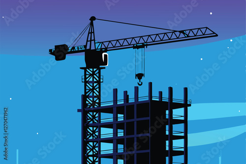 A vibrant gradient background showcasing a massive construction crane overlooking a cityscape at sunset.  Focus on the crane's imposing size and the dynamic interplay of colors.