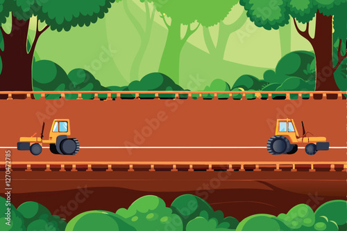 A new highway cuts through a lush green forest, showcasing deforestation and infrastructure development.  Contrasting nature's vibrant green with grey asphalt.
