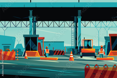 Highway toll booth reconstruction; orange cones, construction workers, machinery, temporary barriers, unfinished pavement.  (1) indicates a specific detail.