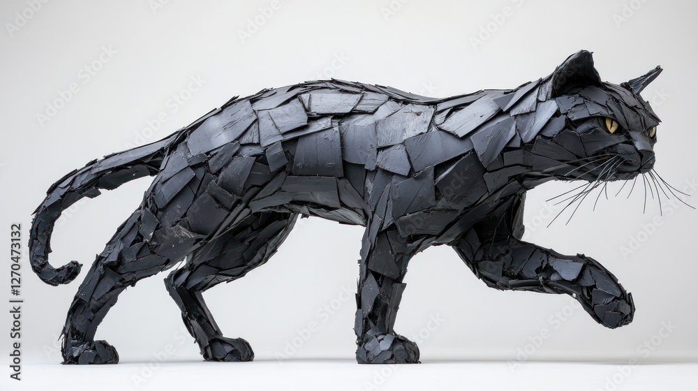 Studio shot Black cat sculpture, metal pieces, sleek pose, white background, art Studio shot Black cat sculpture, metal pieces, sleek pose, white background, art