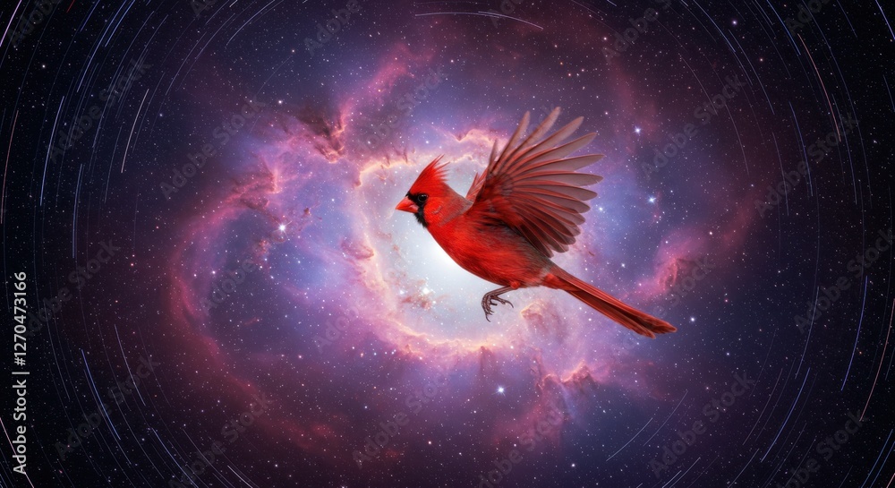 Obraz premium Vibrant male cardinal bird soaring through a cosmic nebula, symbolizing freedom and exploration in space