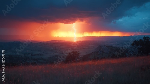 Sunset lightning strike over rolling hills