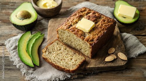 Keto friendly almond bread served with avocado slices and butter. This delicious and healthy option is perfect for low carb diets, offering satisfying taste and texture photo