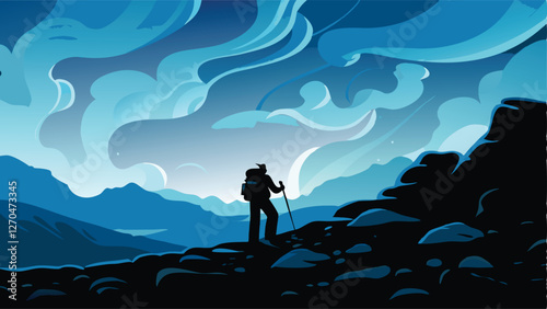 A lone hiker navigates a rugged, rocky mountain path under a dramatic, swirling, stormy sky.  Epic cloudscape.
