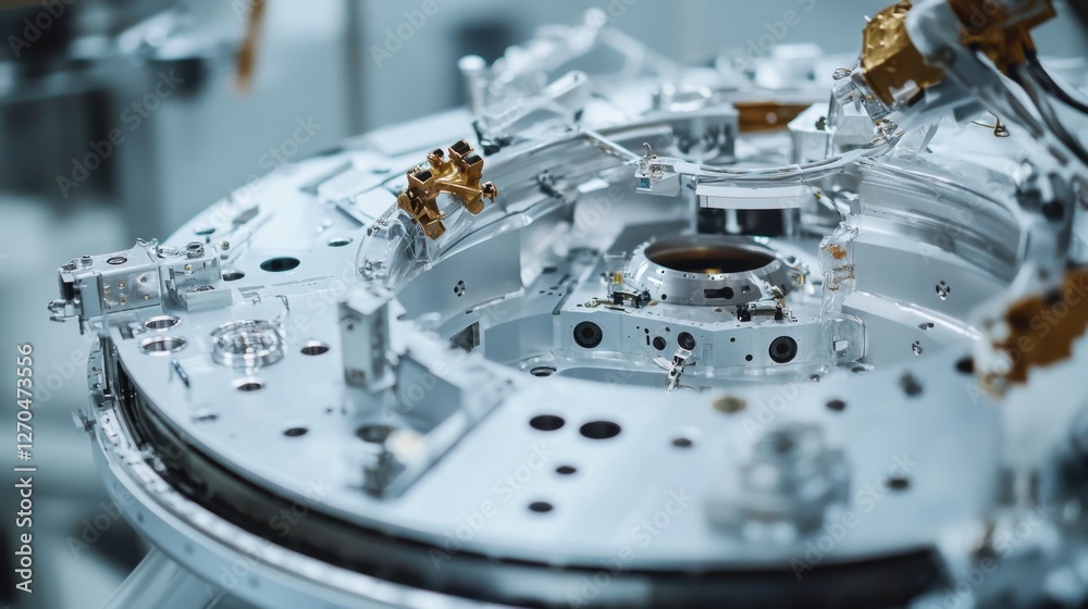 Satellite assembly in a modern cleanroom facility. Featuring engineers handling sensitive satellite components Satellite assembly in a modern cleanroom facility. Featuring engineers handling sensitive satellite components