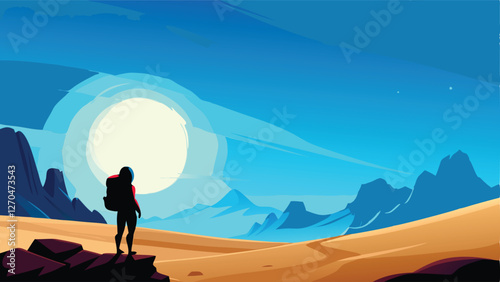 A lone hiker, sweating profusely, navigates a steep, rocky desert mountain trail under an intensely bright, blazing sun.