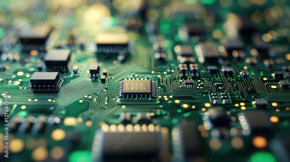 Obraz premium Sustainable Businesses A microscopic close-up of a green circuit board, where individual components, like miniature jewels, shimmer under a selective spotlight, revealing the intricate workings of
