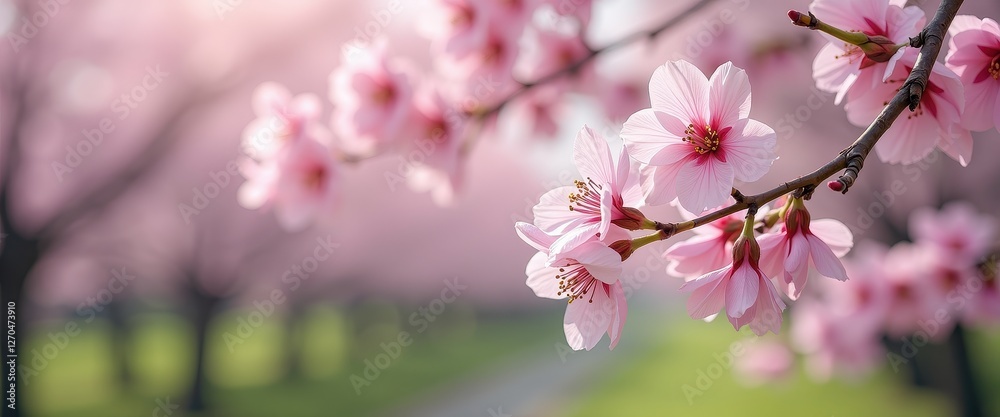Obraz premium Vibrant Cherry Blossom Scene Against Blurred Background for Easter Floral Inspiration. A close up of pink flowers on a tree branch.