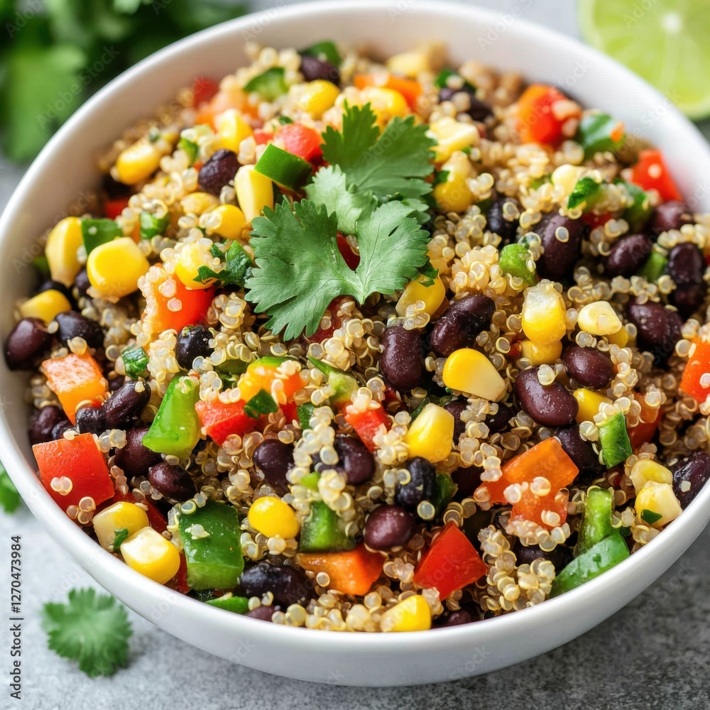 A vibrant and colorful quinoa salad with black beans, corn, red bell peppers A vibrant and colorful quinoa salad with black beans, corn, red bell peppers