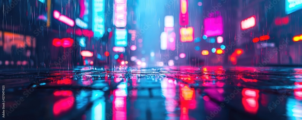 Fototapeta premium Acid rain climate change concept. A vibrant neon-lit street scene reflecting in rain-soaked pavement at night.
