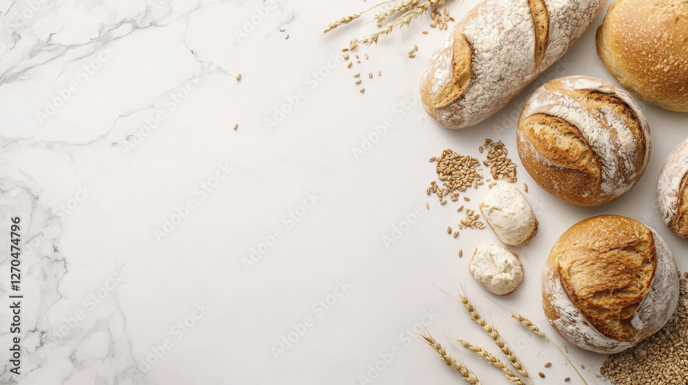 Obraz premium Freshly baked breads arranged on marble surface with grains and wheat. warm textures and colors create cozy atmosphere, perfect for bakery or kitchen setting