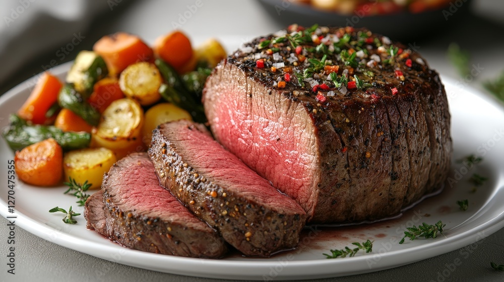 A beautifully plated medium-rare beef tenderloin with roasted vegetables.