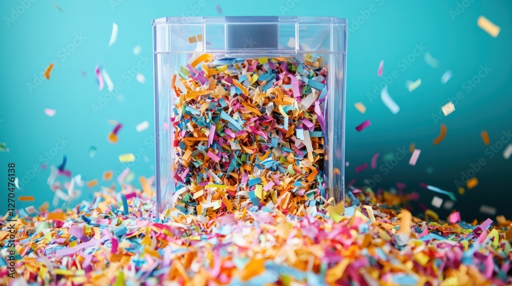 Fototapeta premium Colorful shredded paper overflowing container, confetti background, office