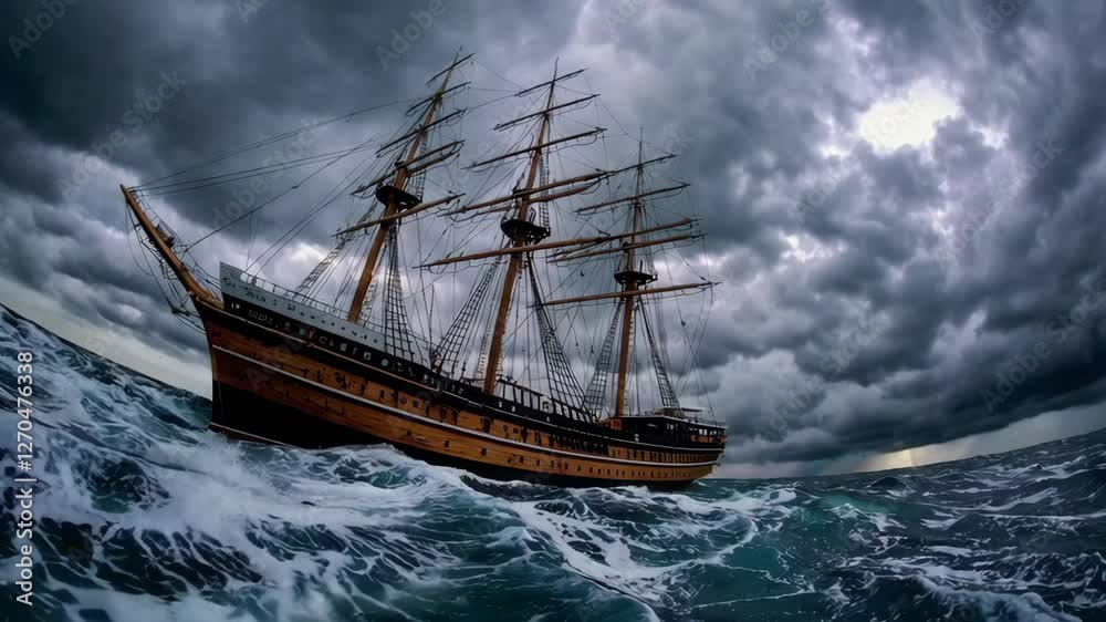 Old wooden Sailboat floating in the stormy ocean Old wooden Sailboat floating in the stormy ocean
