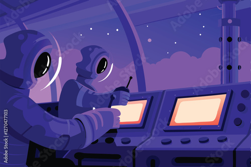Three quirky aliens construct a tech startup in a gravity-free environment, amidst floating wires and tools.  Zero gravity, alien entrepreneurship, space tech.