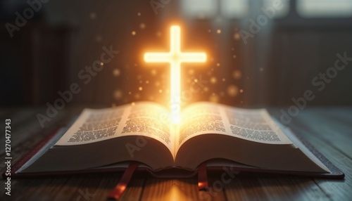 Luminous Cross Emerging from Bible with Golden Particles of Spiritual Energy