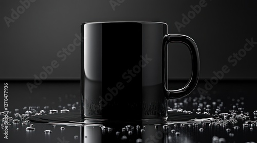 Black mug mockup on dark background with water droplets photo