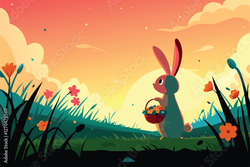 A cute bunny rabbit in a tiny spring outfit advertises spring in a sun-drenched meadow at sunset.  Vibrant colors, idyllic scene.