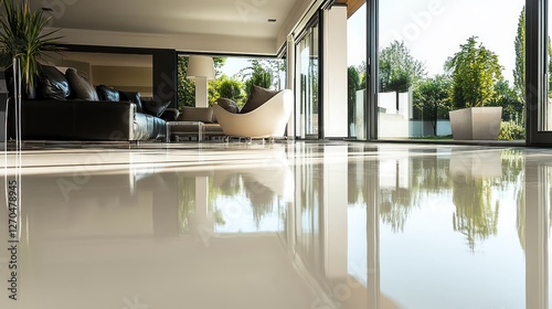 A freshly applied epoxy floor coating in a modern interior, its glossy surface enhancing the space design