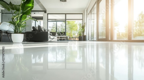 A freshly applied epoxy floor coating in a modern interior, its glossy surface enhancing the space design