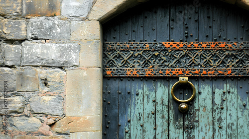 Ancient ornate wooden door in stone wall, historical building, travel destination