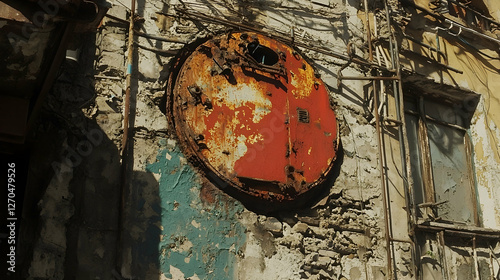 Rusty circular metal plate on decaying building wall, urban decay background, suitable for industrial design or grunge aesthetic photo