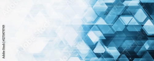 A modern, abstract design featuring blue hexagonal shapes and gradients, creating a dynamic and technological feel.