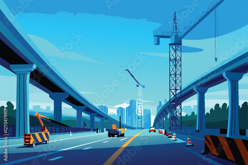 Create a modern, vector illustration of a highway under construction, showcasing heavy machinery, cones, and workers.  Emphasize clean lines and vibrant colors.