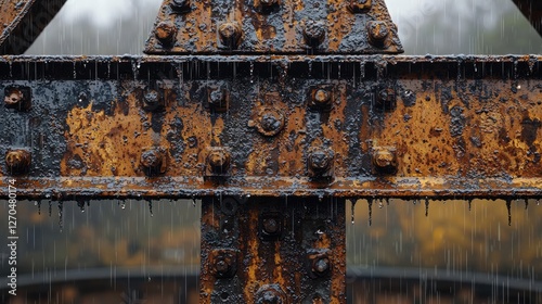 Acid rain climate change concept. Close-up of rusty metal crossbeam with water droplets, showcasing weathered textures.
