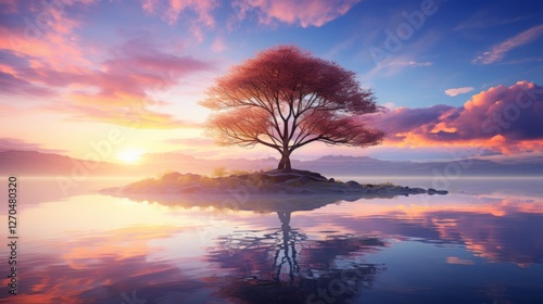 水面に映る木と夕暮れの空,Generative AI AI画像