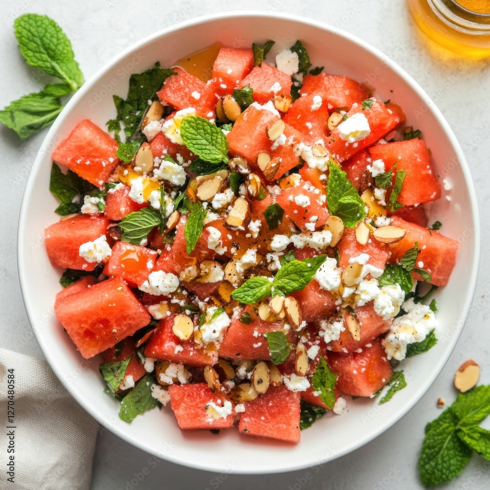 A vibrant and refreshing watermelon feta salad with mint leaves and a drizzle of honey, served in a white bowl, Salad centered A vibrant and refreshing watermelon feta salad with mint leaves and a drizzle of honey, served in a white bowl, Salad centered