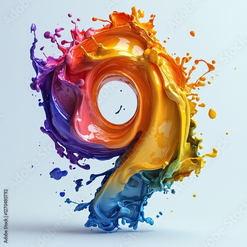 abstract, number, 9, paint, splash, colors, dynamic, floating, pure, white, background, minimalist, 3d, rendering