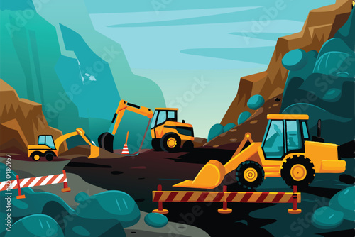 A dramatic mountain pass under construction, heavy machinery carving a winding road through rugged peaks.  Dust and debris fill the air.