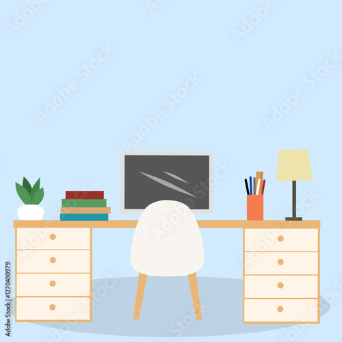 Work place room, interior of work at home. Vector illustration.