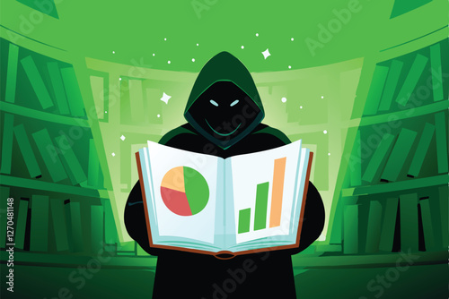 A cloaked figure, arcane symbols swirling, summons shimmering holographic pie charts; vibrant, ethereal data flows.