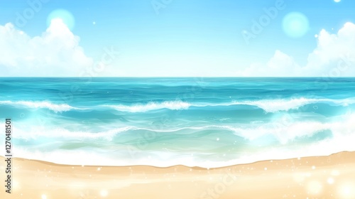 Sunny beach, ocean waves, clear sky, summer vacation background
