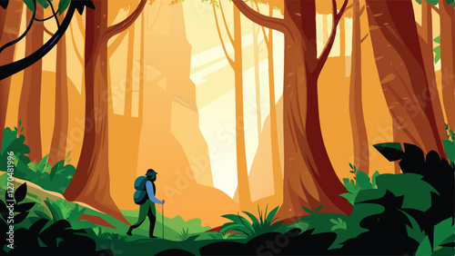 A lone hiker navigates a lush, dense forest, sunlight dappling through the canopy.  Their backpack is visible.