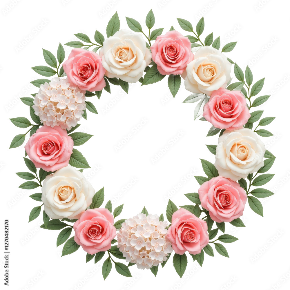 A circular floral wreath featuring soft pink and white roses, hydrangeas, and green leaves arranged in a symmetrical pattern against a transparent background A circular floral wreath featuring soft pink and white roses, hydrangeas, and green leaves arranged in a symmetrical pattern against a transparent background
