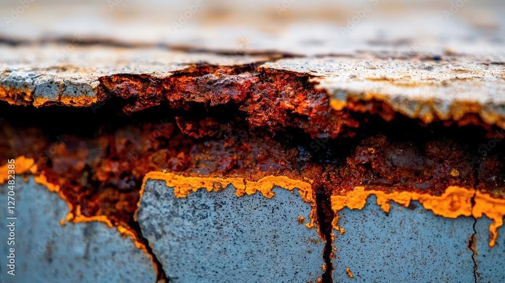 Fototapeta premium Acid rain climate change idea. Close-up of rusted metal surface, showcasing decay and textured patterns.