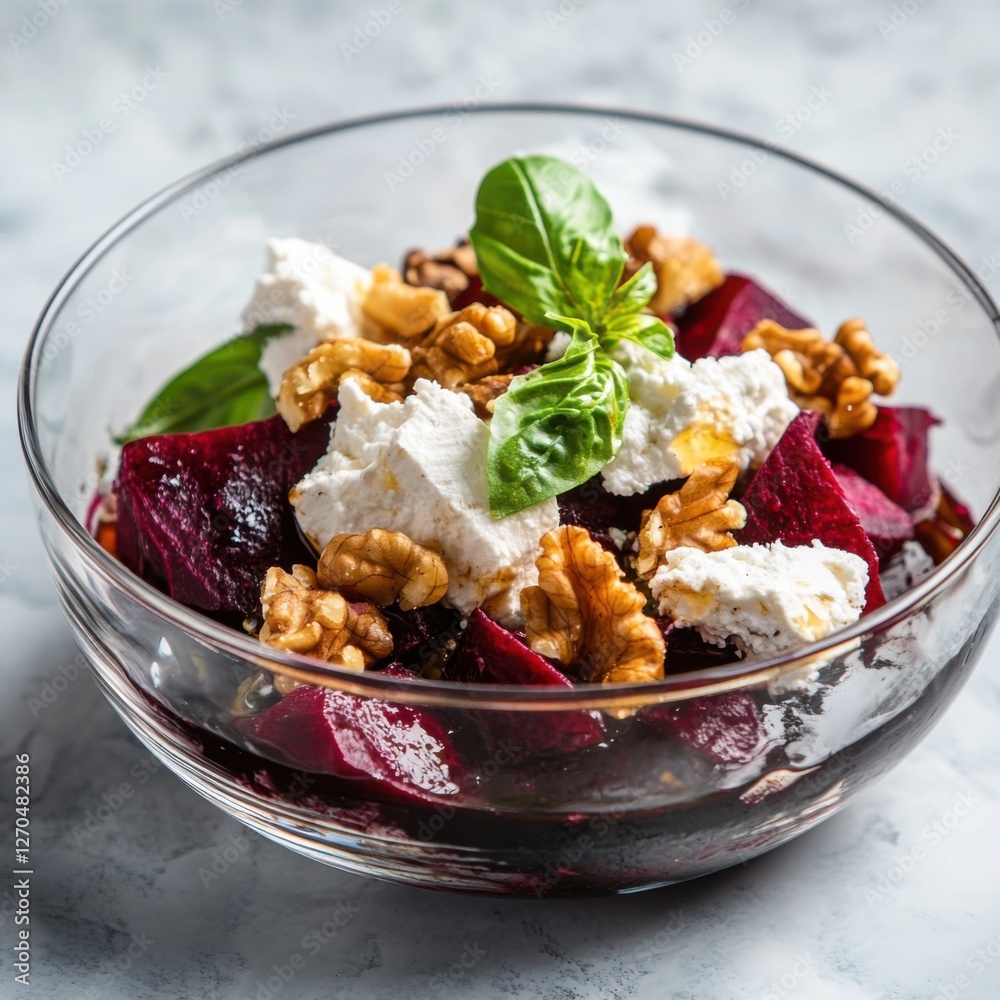 A vibrant beet and goat cheese salad with walnuts and a balsamic glaze, elegantly served in a clear glass bowl, Beet salad centered A vibrant beet and goat cheese salad with walnuts and a balsamic glaze, elegantly served in a clear glass bowl, Beet salad centered