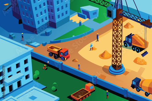 Aerial view of a bustling construction site with cranes, excavators, and workers, showcasing the dynamic energy of urban development.