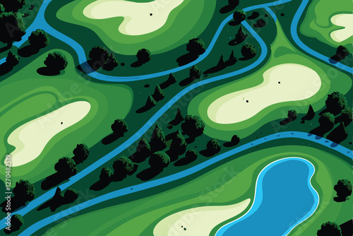 Aerial shot showcasing a meticulously landscaped golf course; intricate sand traps define the fairways.  High-resolution image.