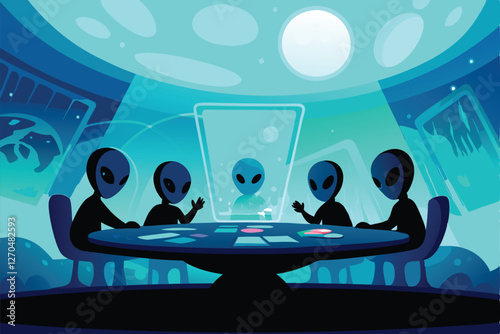 Futuristic alien advertising executives brainstorm innovative campaigns around a holographic table, showcasing vibrant, otherworldly concepts.