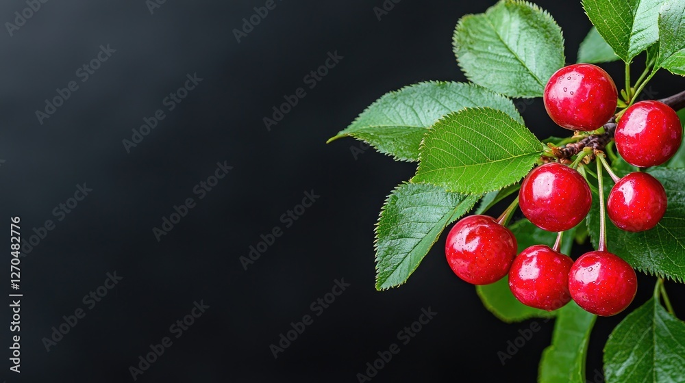 Fototapeta premium Ripe cherries branch, dark background, food blog