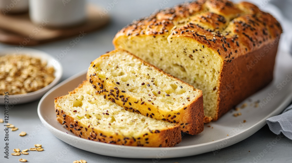 Freshly baked multigrain bread with visible seeds, sliced and served on plate, evokes warm and inviting atmosphere. Perfect for breakfast or snacks Freshly baked multigrain bread with visible seeds, sliced and served on plate, evokes warm and inviting atmosphere. Perfect for breakfast or snacks